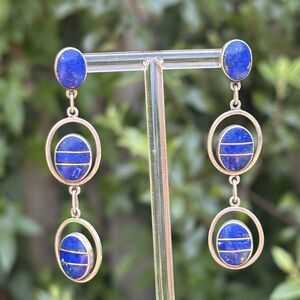 Vintage 950 Silver Lapis Lazuli Dangle Earrings Geometric Long Drop Blue Oval